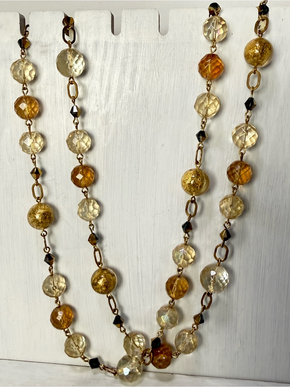 Round gold crackle beads amber smoke glass bead double strand necklace